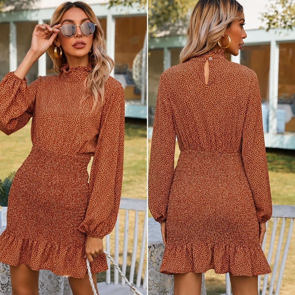 Anna-Kaci Smocked Mini Dress M Rust Orange White Petal Print Mock Neck Ruffle